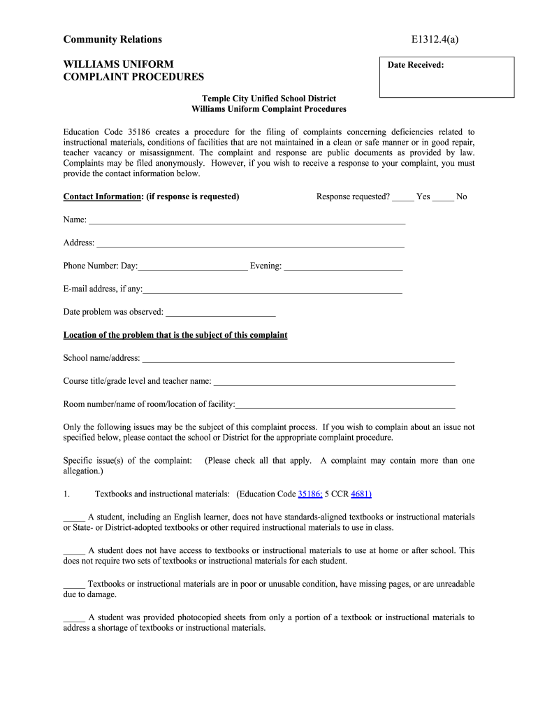 Fillable Online Temple City USD Williams Uniform GAMUT Online