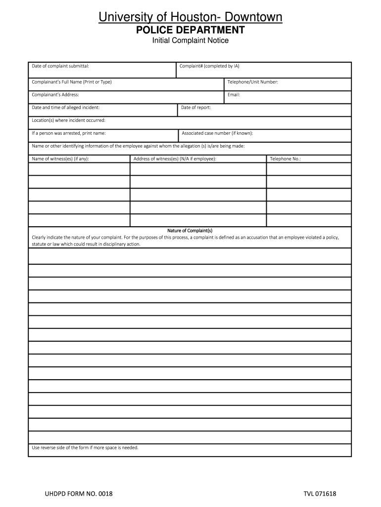 Citizen Complaint Form - University of Houston-Downtown Preview on Page 1