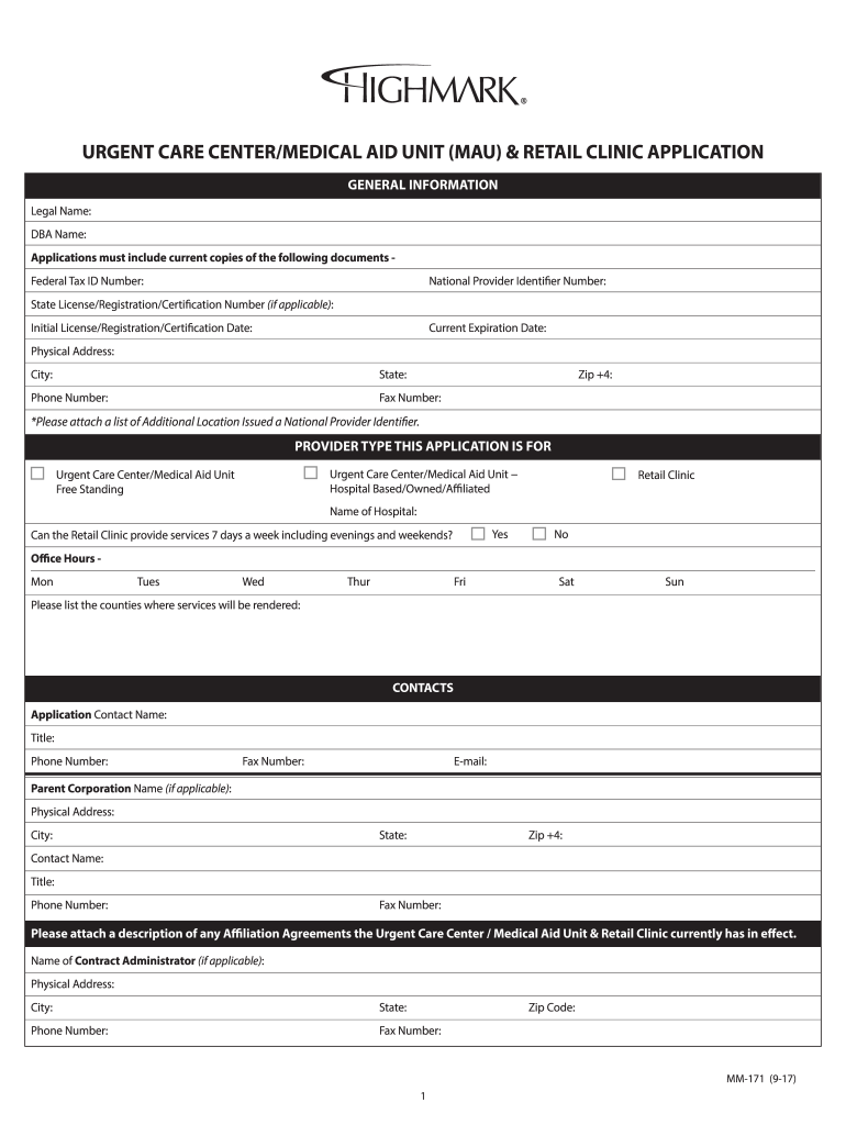 URGENT CARE CENTER MEDICAL AID UNIT (MAU) & RETAIL CLINIC APPLICATION Preview on Page 1