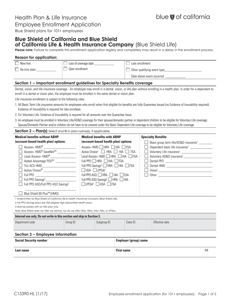 Life Insurance Plan Employee Enrollment Application Blue Preview on Page 1