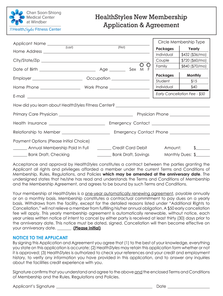 HealthStyles New Membership Application & Agreement Preview on Page 1