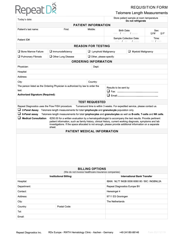 Medical office registration form. Repeat Diagnostics Preview on Page 1