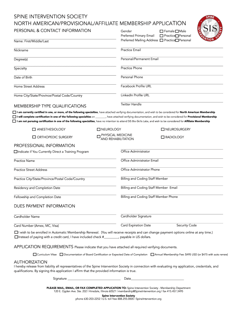 North American Provisional Affilate Membership Application Preview on Page 1