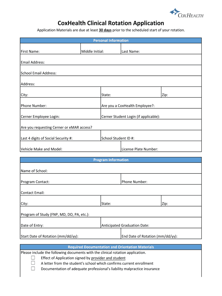 CoxHealth Clinical Rotation Application Preview on Page 1