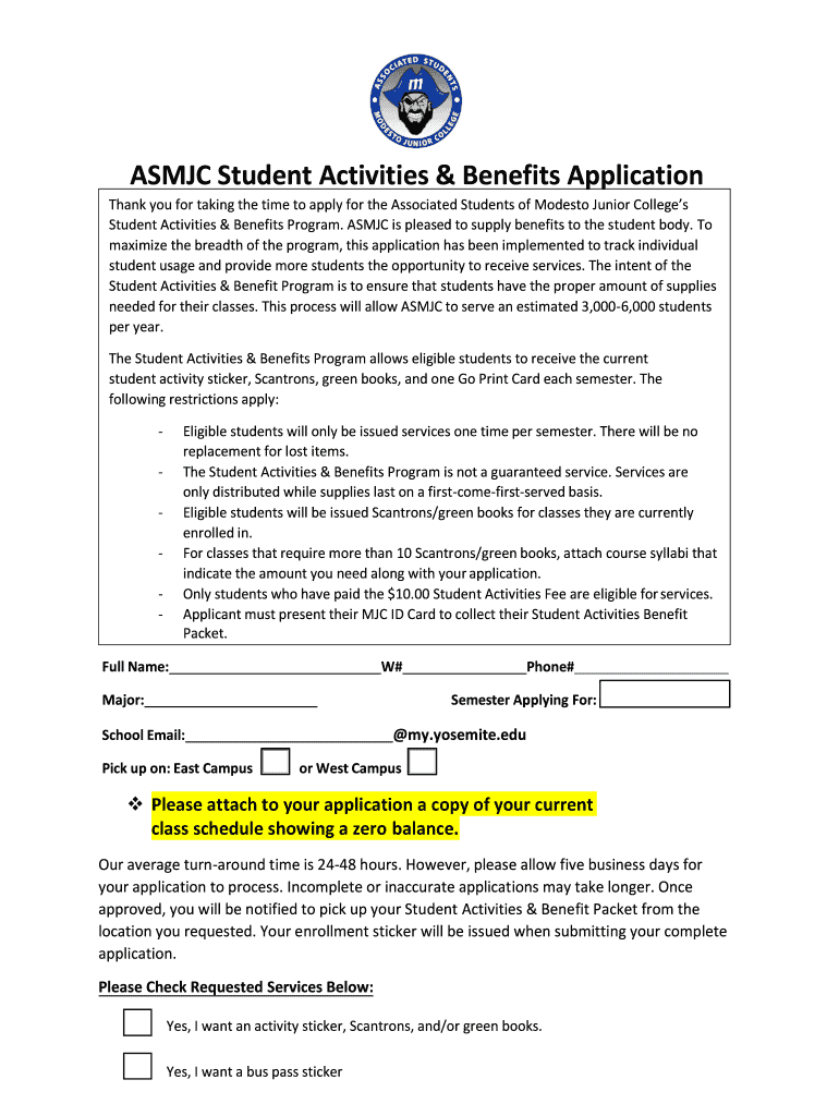 ASMJC Student Activities & Benefits Application - Modesto Preview on Page 1