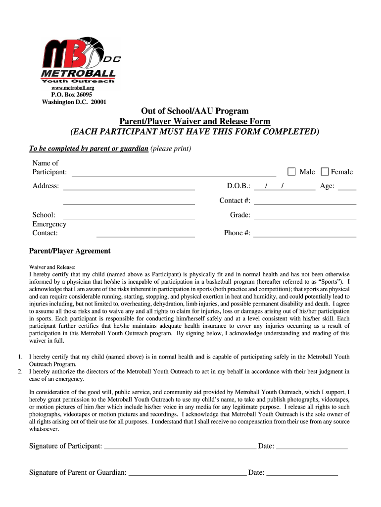 Fillable Online Out of School/AAU Program Parent/Player Waiver and