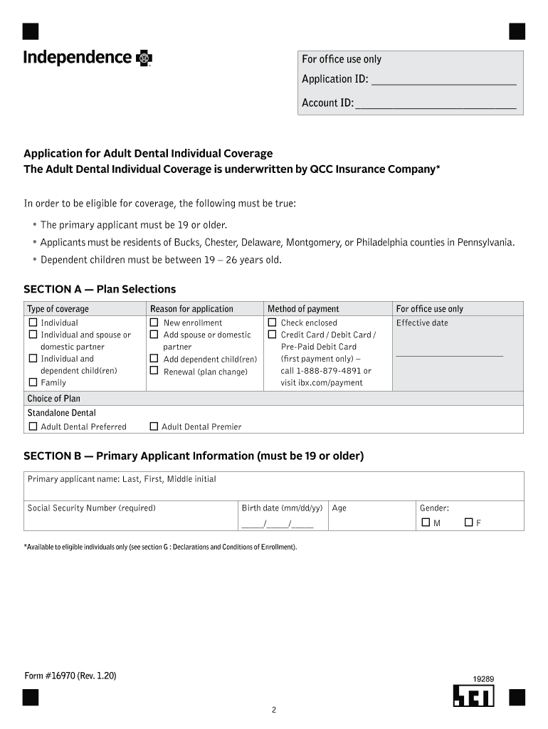 Application for Adult Dental Individual Coverage - IBX Medicare Preview on Page 1