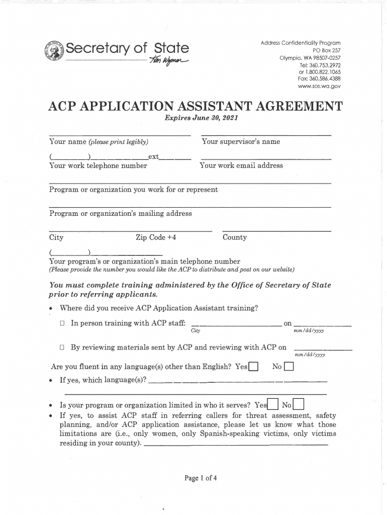 ACP APPLICATION ASSISTANT AGREEMENT - sos wa Preview on Page 1