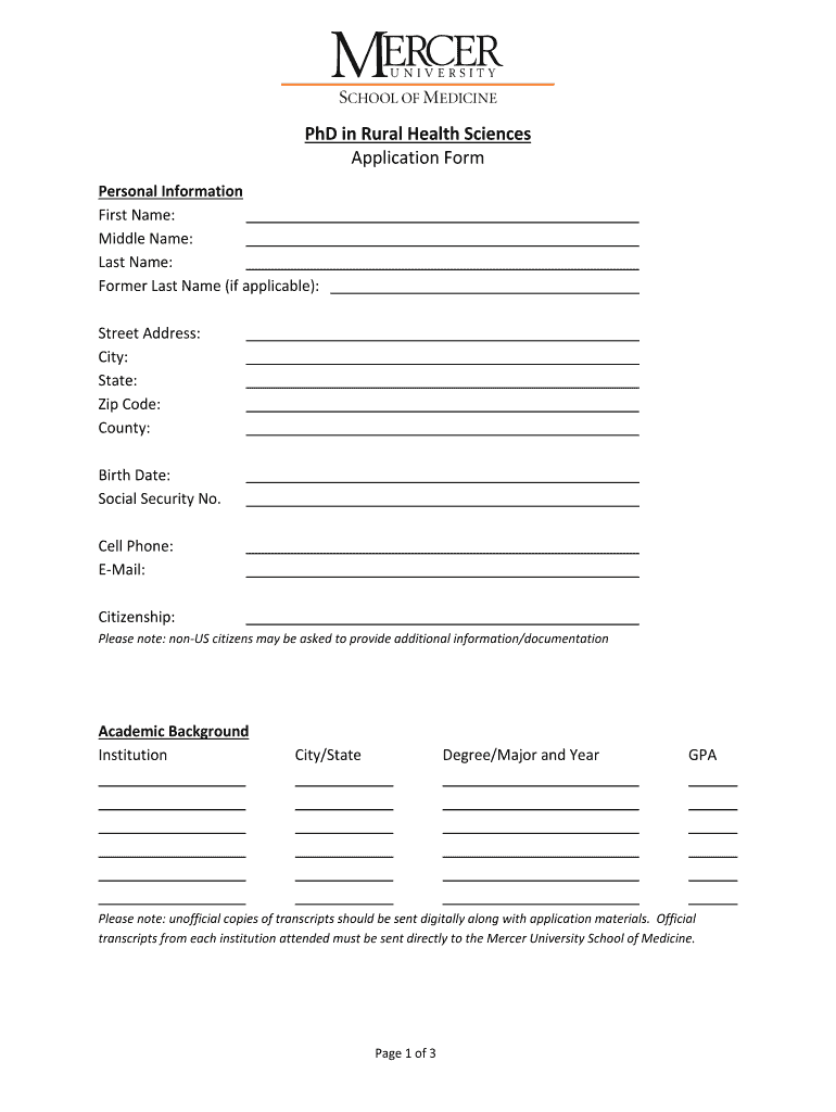 PhD in Rural Health Sciences Application Form - Mercer Preview on Page 1