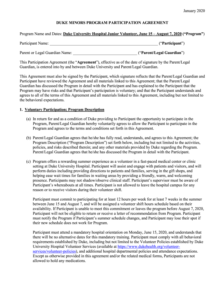 DUKE MINORS PROGRAM PARTICIPATION AGREEMENT Preview on Page 1