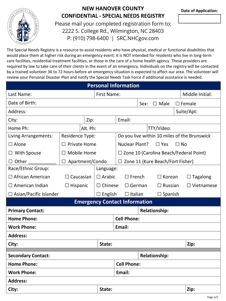 county special needs registry form Preview on Page 1