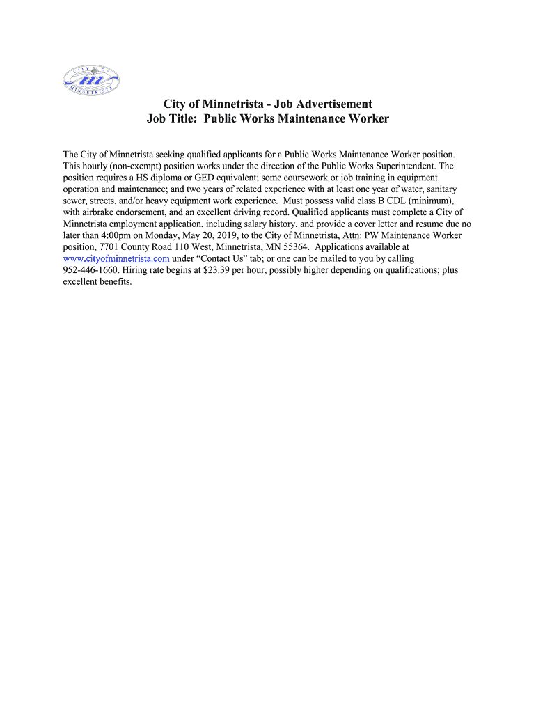 Fillable Online Fillable Online City of Job Advertisement
