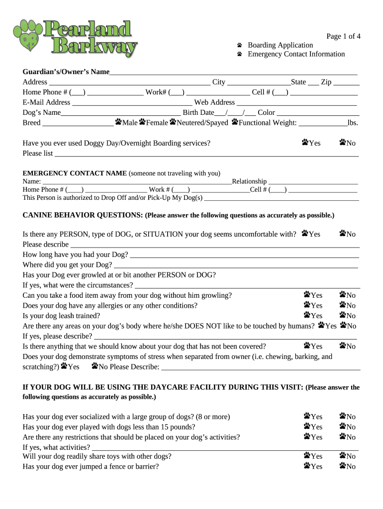 Dog Daycare & Boarding Application Woofers Doc Template pdfFiller