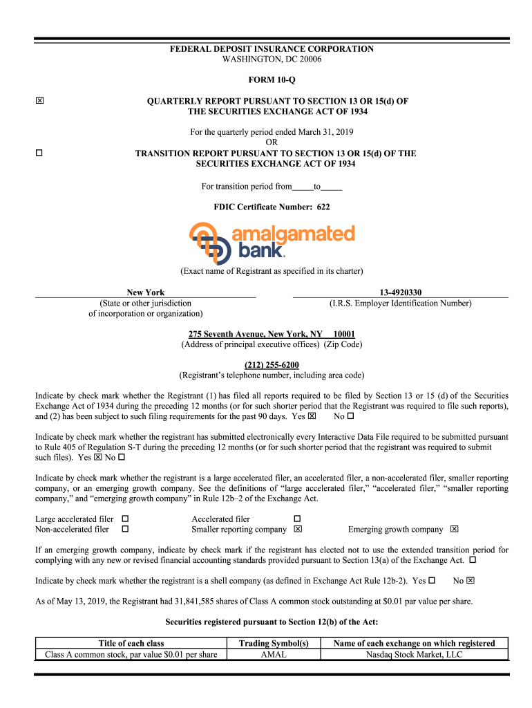 Fillable Online 1Q19 Amalgamated Bank Form 10QvFINAL Fax Email Print pdfFiller
