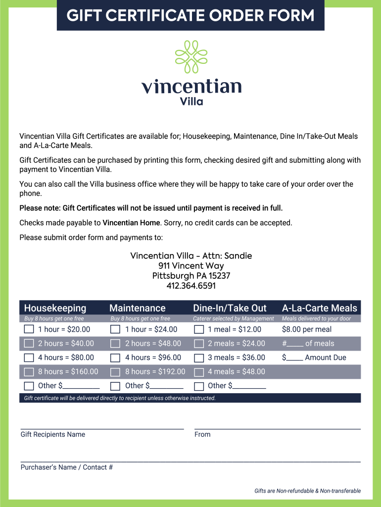 Fillable Online Vincentian Villa Gift Certificates are available for