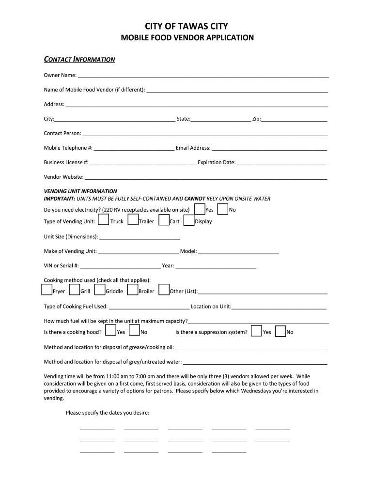 Fillable Online Mobile Food Truck Vendor Permit Application City of