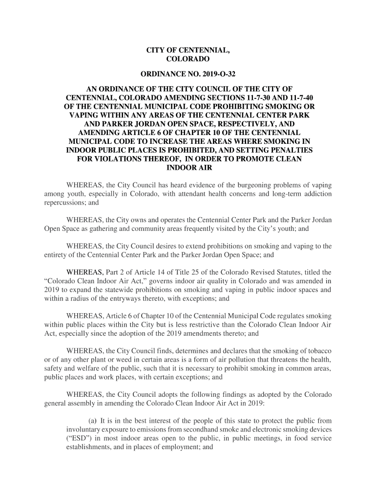 Fillable Online CITY OF CENTENNIAL, COLORADO ORDINANCE NO. 2019O32 AN