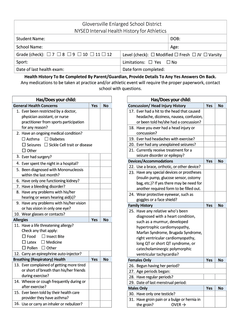 nysed interval health history form Preview on Page 1