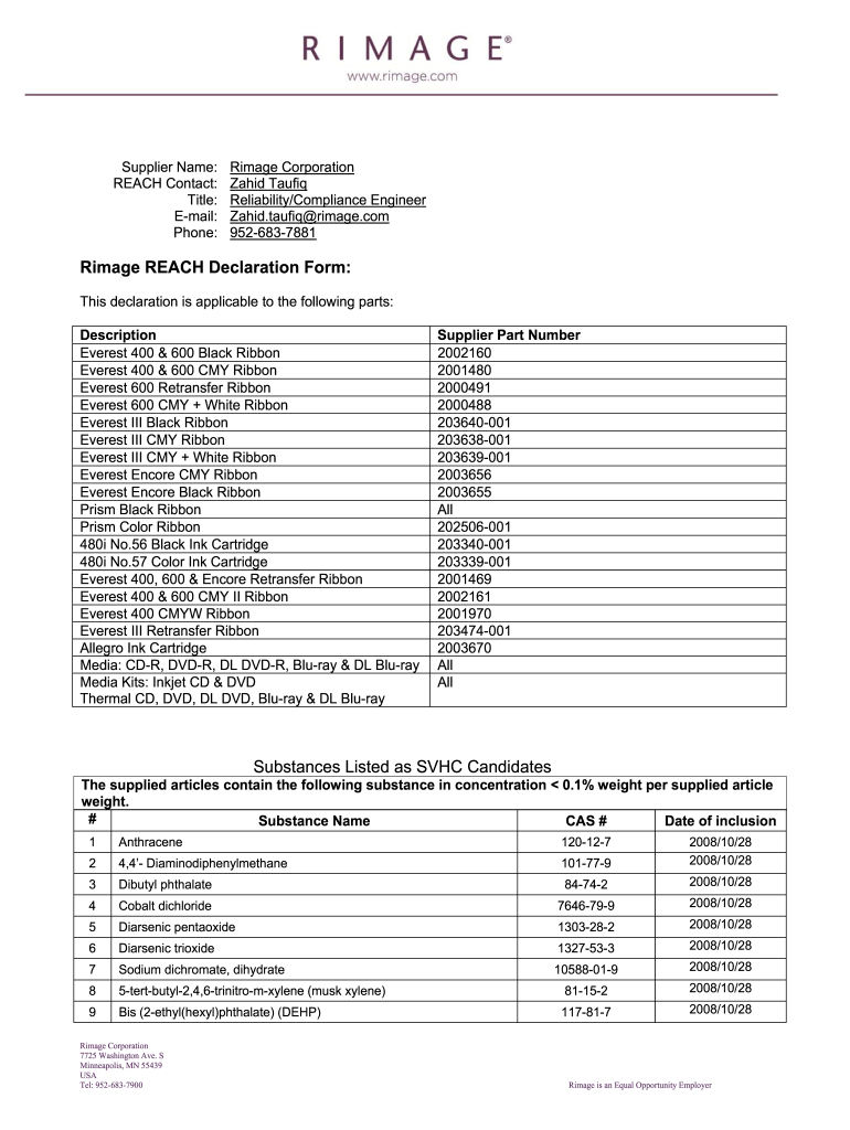 Fillable Online Rimage REACH Declaration Form Fax Email Print - pdfFiller