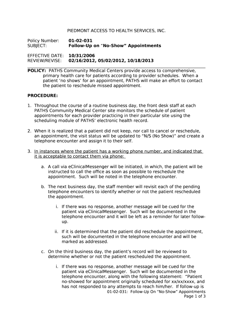 SUBJECTFollowUp on "NoShow" Appointments Doc Template pdfFiller