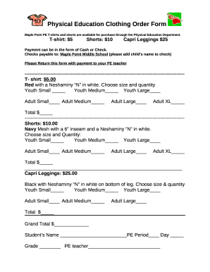 Physical Education Clothing Order Sheet