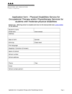 Application Form OT/Physiotherapy. Application form for physical disabilities service