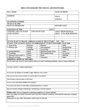 MOULTON SURGERY PRE TRAVEL QUESTIONNAIRE