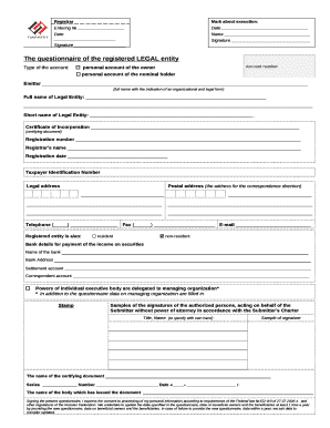 The questionnaire of the registered LEGAL entity