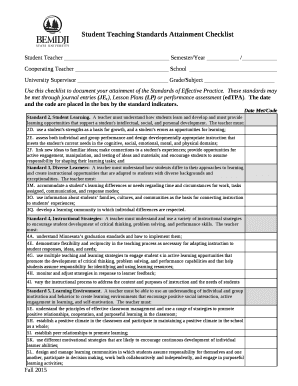 Student Teaching Standards Attainment Checklist