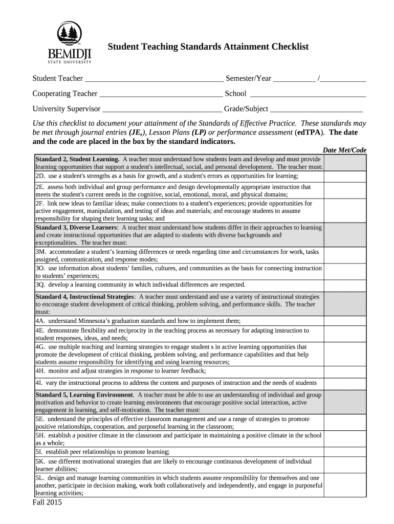 Student Teaching Standards Attainment Checklist Doc Template pdfFiller