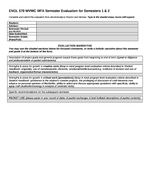 ENGLISH 570 WVWC MFA Semester Evaluation Form with Assessment Rubric