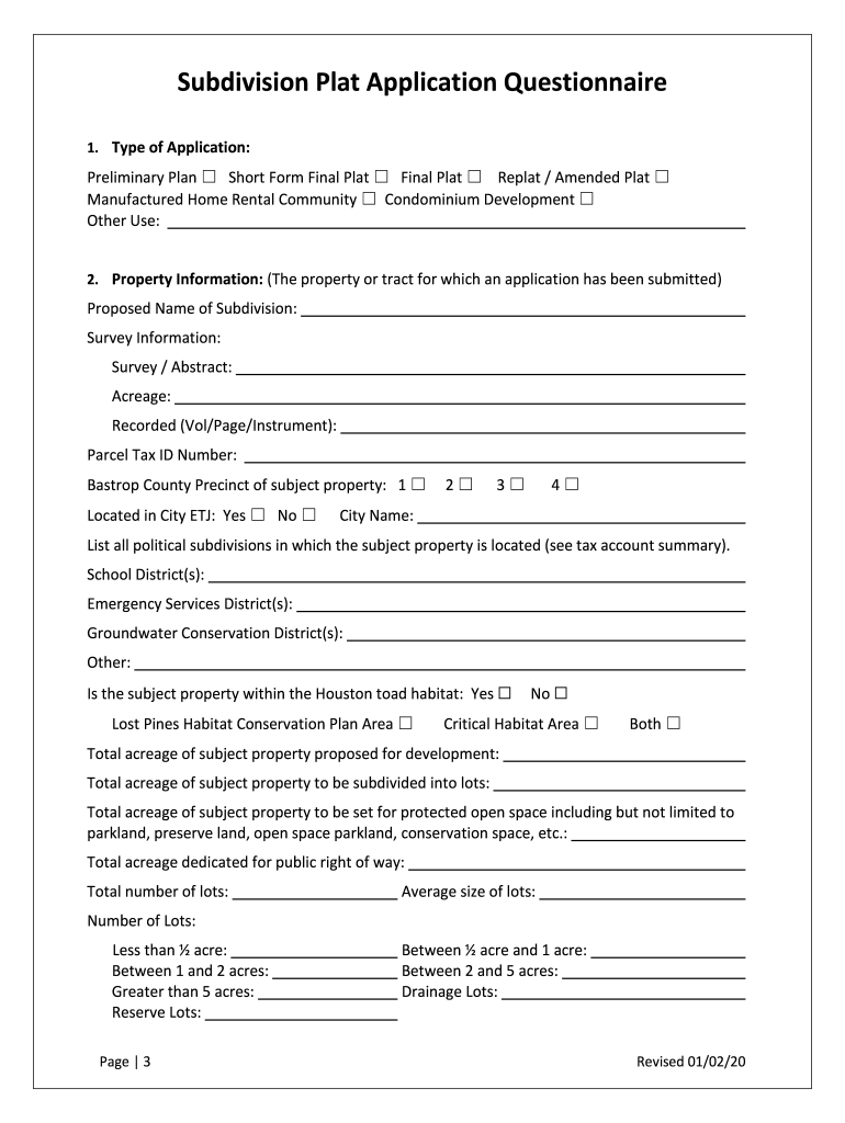 Fillable Online BASTROP COUNTY SUBDIVISION PLAT APPLICATION Fax Email ...