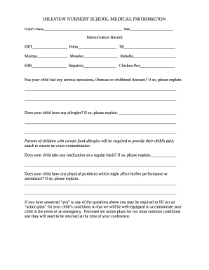 HILLVIEW NURSERY SCHOOL MEDICAL INFORMATION