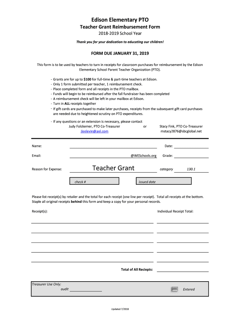 Fillable Online Teacher Grant Reimbursement Form Fax Email Print pdfFiller
