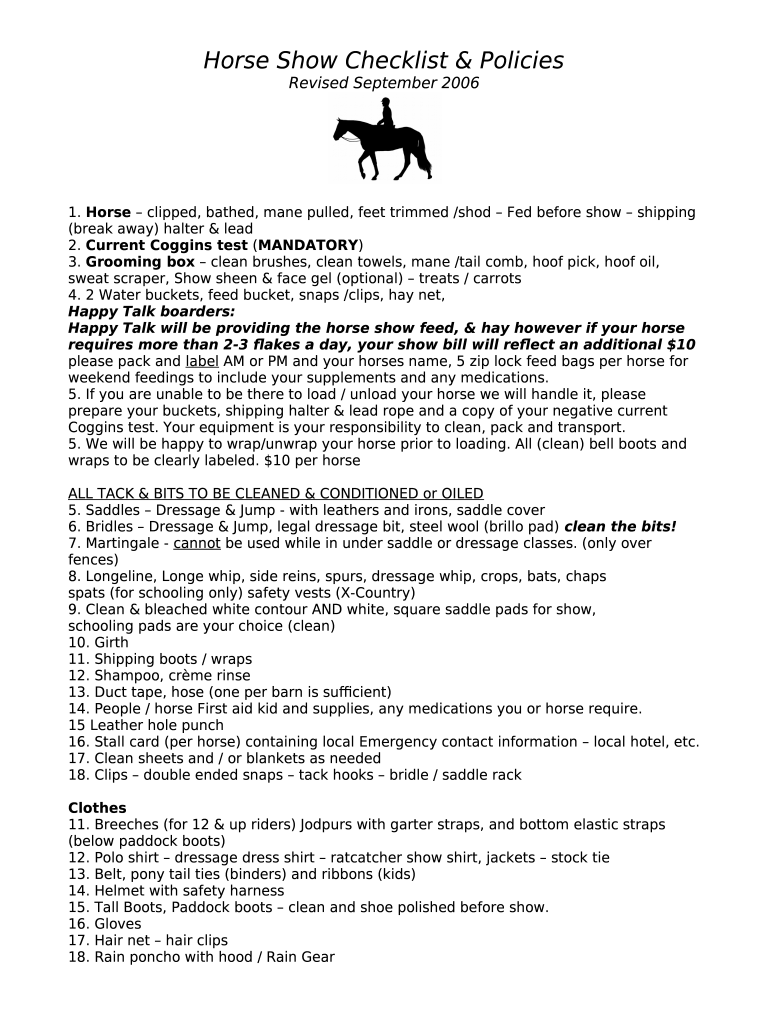 Checklist for Horse Show Happy Talk Farm Doc Template pdfFiller
