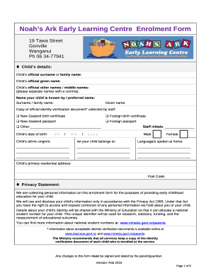 Enrolment Agreement Form - Full - Puketapu Pre School