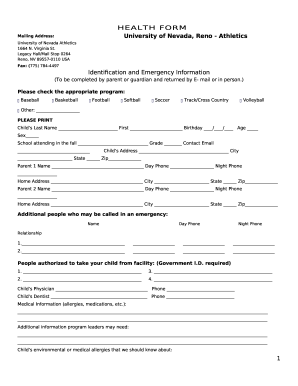 HEALTH FORM University of Nevada, Reno - Athletics