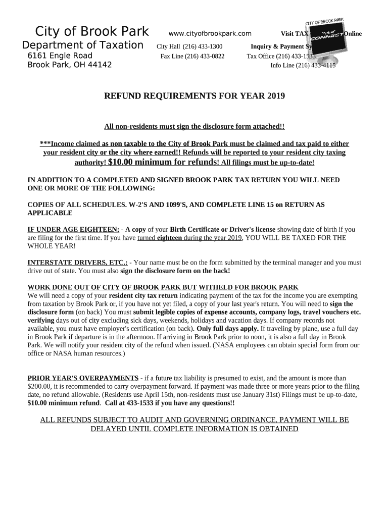 claimed as non taxable to the City of Brook Park must be