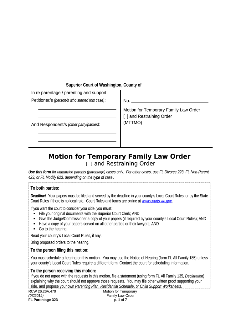 Washington Temporary Family Law Order Form Preview on Page 1