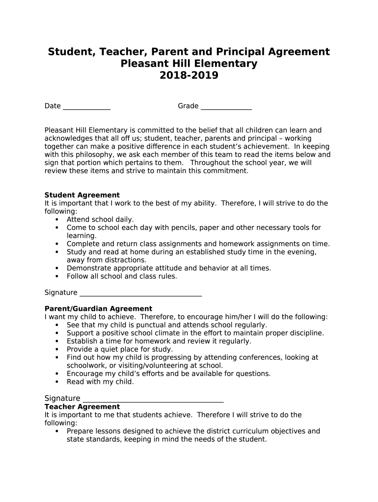 Student, Teacher, Parent and Principal Agreement Doc Template pdfFiller