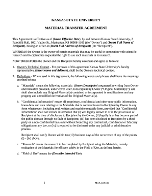 This Agreement is effective as of (Insert Effective Date), by and between Kansas State University, 2 Fairchild Hall, 1601 Vattier St