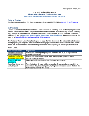 Hurricane Sandy Notice of Award Letter Template