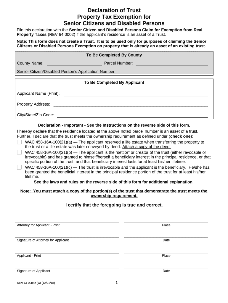 Declaration of Trust Property Tax Exemption for Senior Citizens and