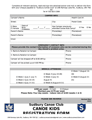 Complete all relevant sections, read and sign the attached waiver and mail or deliver this form with your cheque payable to Sudbury Canoe Club at 506 Elizabeth St