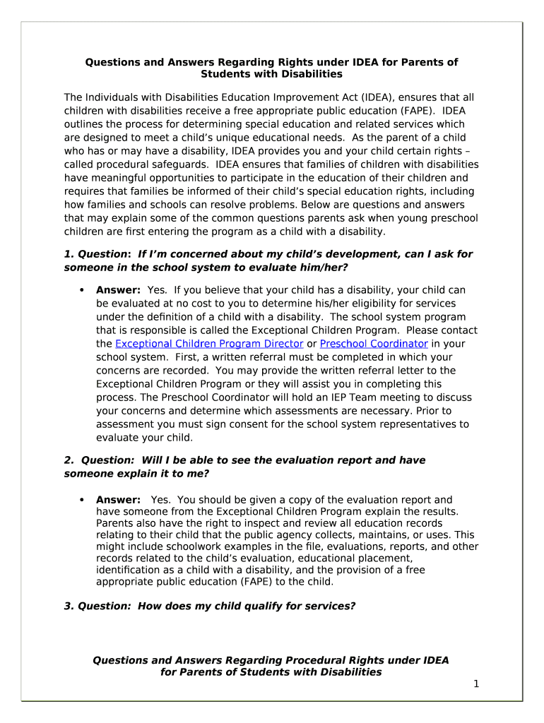 Procedural Safeguards for IDEA Programs Doc Template | pdfFiller
