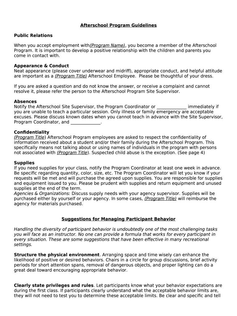 Afterschool Program Guidelines Doc Template | pdfFiller