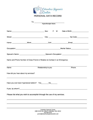 application, personal data record - Columbus Hypnosis Center