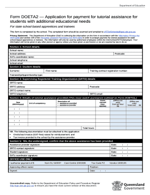 Form DOETA2 - Application for payment for tutorial assistance for students with additional educational needs