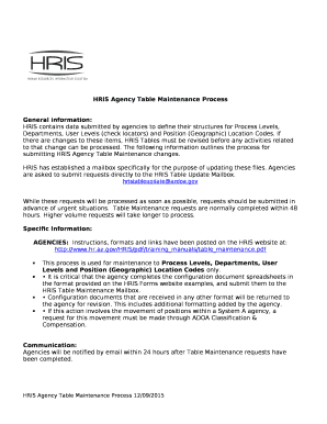HRIS is set up with data submitted by agencies to outline their structures for Process Levels, Depart6ments, User Levels (...