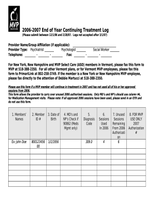Provider End of Year Continuing Treatment Log